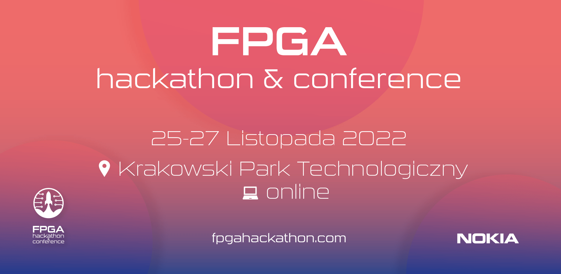 Banner informujący o konferencji i hackathonie FPGA, która odbędzie się w dniach 25-27 listopada w formule hybrydowej.